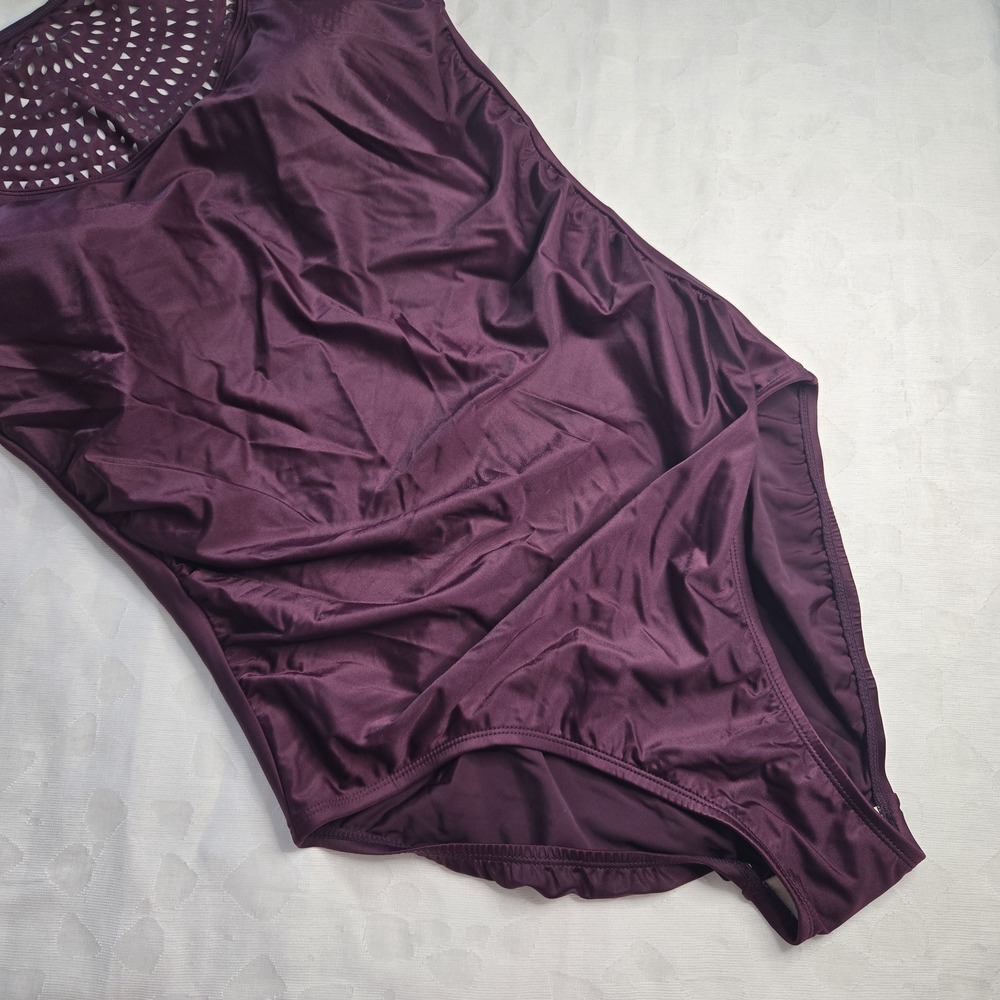 NWT Merona Purple Solid Halter One Piece Swimsuit L Tall Mesh Cutout Padded - Picture 4 of 11